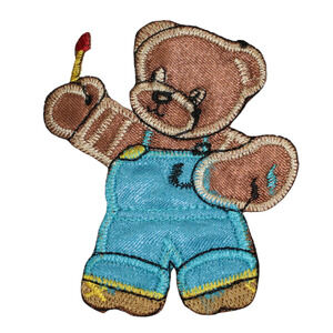 Vintage Large Satin Teddy Painter Bear Blue Iron On Patch Applique 1970s